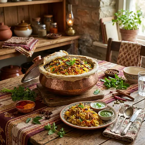 Colorful Dum Pukht Dish on Rustic Table | Traditional Cuisine