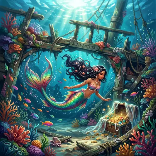 Enchanting Mermaid Exploring an Underwater Shipwreck