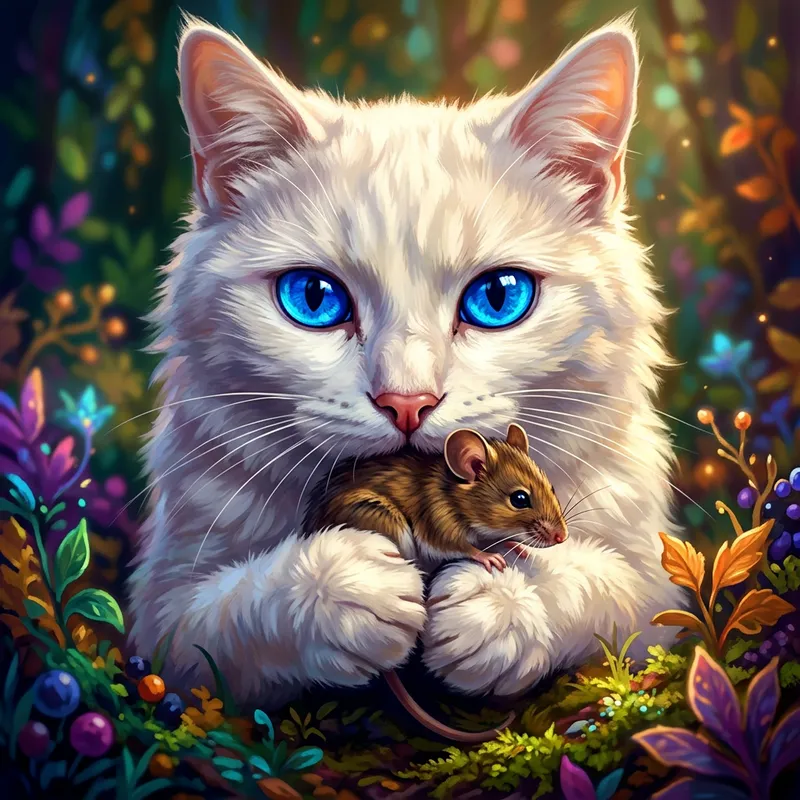 Intense Gaze of White Cat: Vibrant Digital Painting