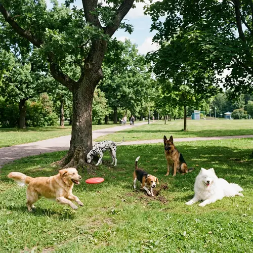 Tranquil Park Scene with Playful Dogs | Green Oasis Retreat