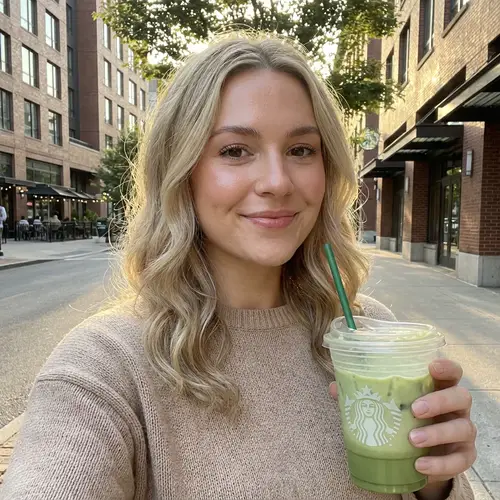 Chic Selfie with Iced Matcha Latte in Cityscape