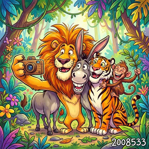 Playful Cartoon Animals Taking a Selfie