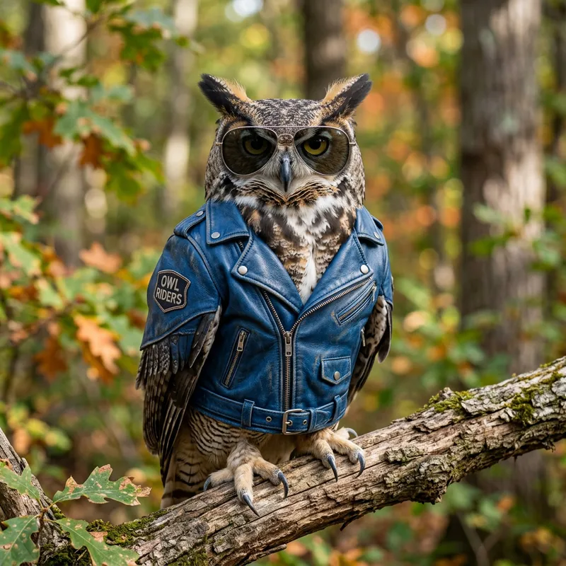 Stylish Owl in Sunglasses and Blue Jacket Stylish Owl in Sunglasses and Blue Jacket