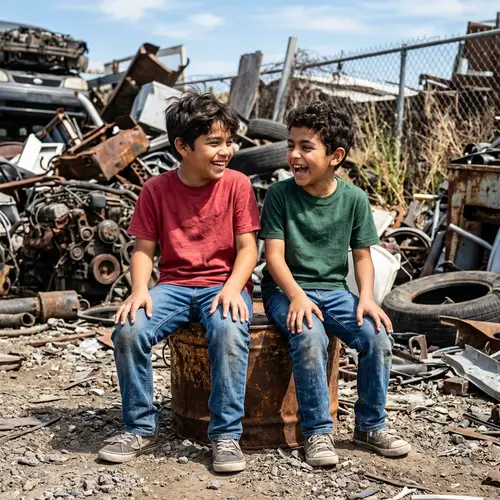 Boys Laughing on Rusted Bucket in Scrapyard
