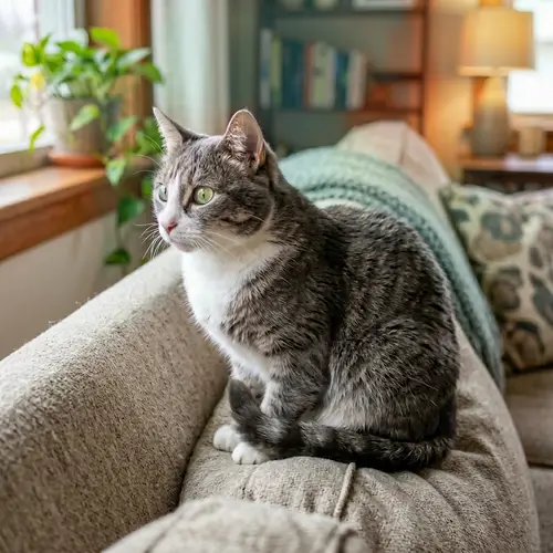 Cozy Grey and White Cat with Green Eyes | Indoor Setting