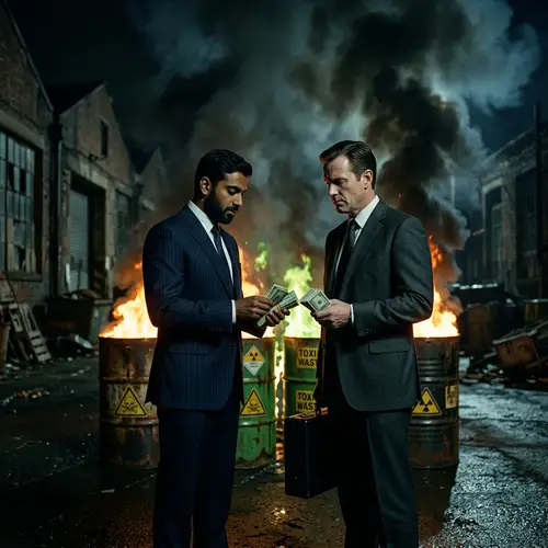 Dark Ambiance: Men in Classic Suits Holding Money Amid Burning Toxic Waste