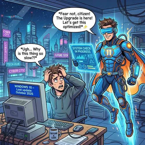Futuristic IT Superhero in Cartoon Comic Scene