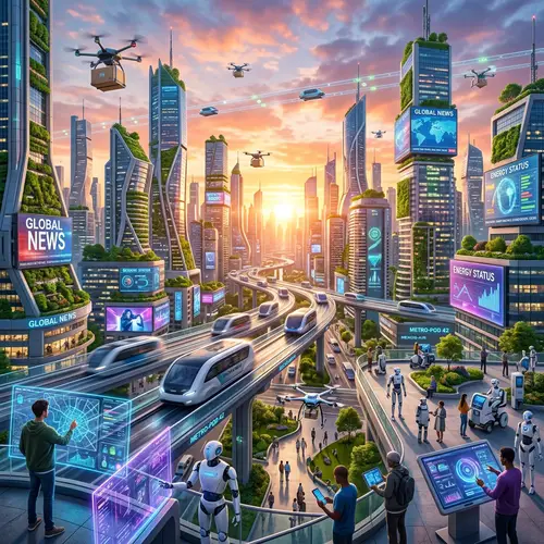 Futuristic City at Sunrise: High-Tech Skyscrapers & Autonomous Vehicles