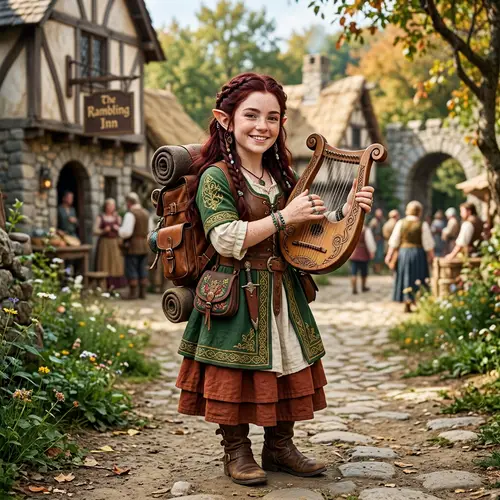 Female Halfling Character with Elvish Influence | Red Hair & Lyre