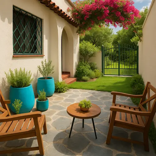 Mediterranean Patio with Greenery and Seating