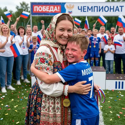 Russian Mother and Son Embrace in Victory Celebration