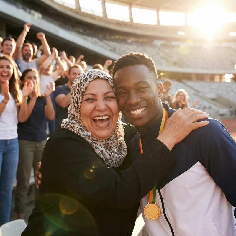 Heartwarming Moment: Mom Hugs Son in Celebratory Victory
