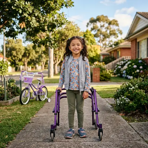 Optimistic Vietnamese-Australian Girl with Cerebral Palsy | Serene Suburban Scene