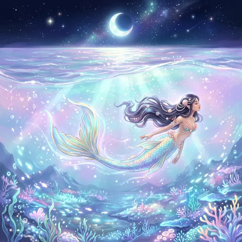 Ethereal Mermaid Gliding Through Moonlit Ocean Scene Ethereal Mermaid Gliding Through Moonlit Ocean Scene