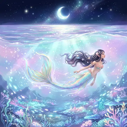Ethereal Asian Mermaid Swimming in Moonlit Ocean