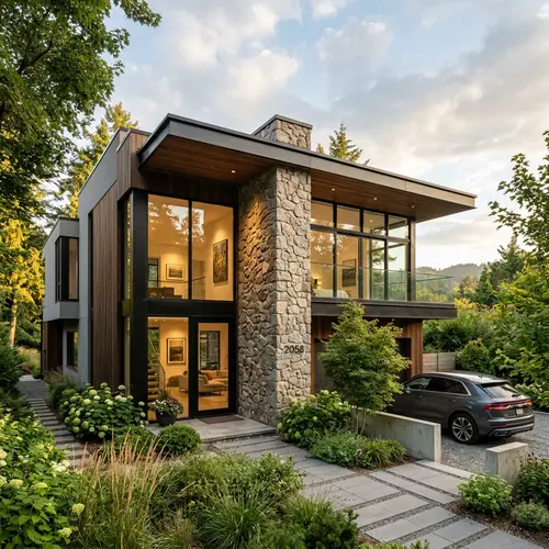 Modern House with Large Windows and Stone Column