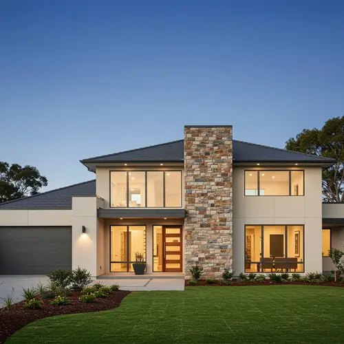 Modern House with Large Windows and Stone Column
