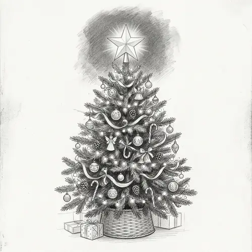 Intricately Decorated Christmas Tree Drawing