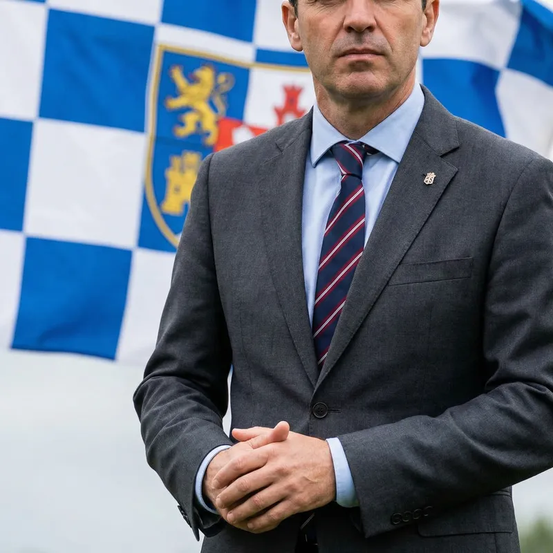 Dignified Professional Man in Charcoal Grey Suit with Striped Tie and National Flag Dignified Professional Man in Charcoal Grey Suit with Striped Tie and National Flag