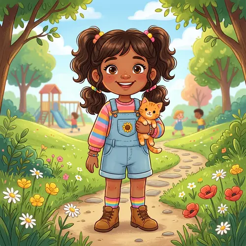 Cartoon Style Young Girl with Brown Hair and Eyes