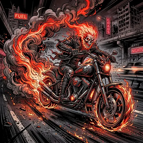 Aggressive Spectral Figure Motorcycle Illustration | Comic Style Artwork
