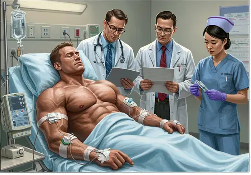 Realistic Hospital Scene with Bodybuilder and Doctors