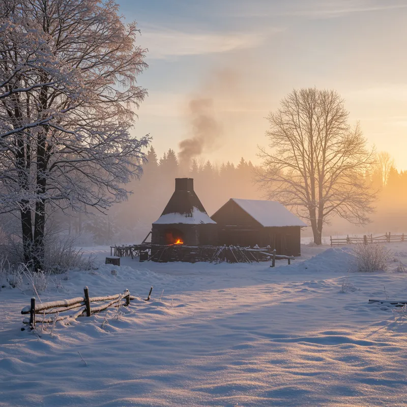 Serene Winter Landscape & Rustic Forge Scene