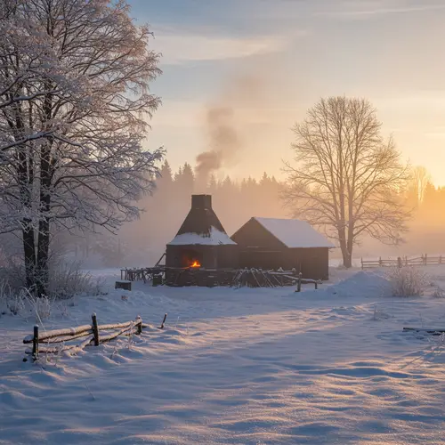 Serene Winter Landscape & Rustic Forge Scene