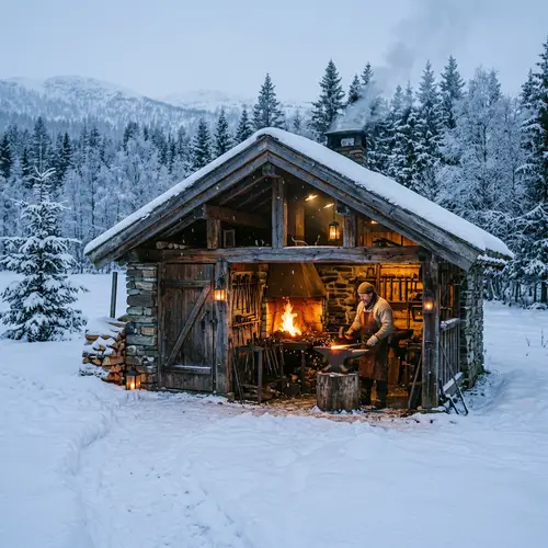 Serene Winter Landscape & Rustic Forge Scene