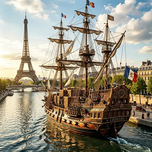 Graceful Container Ship Sailing to Eiffel Tower | Da Vinci Style
