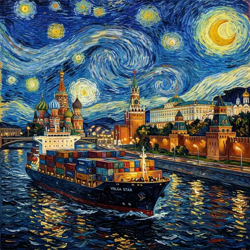 Container Ship Approaching Kremlin Under Starlit Sky