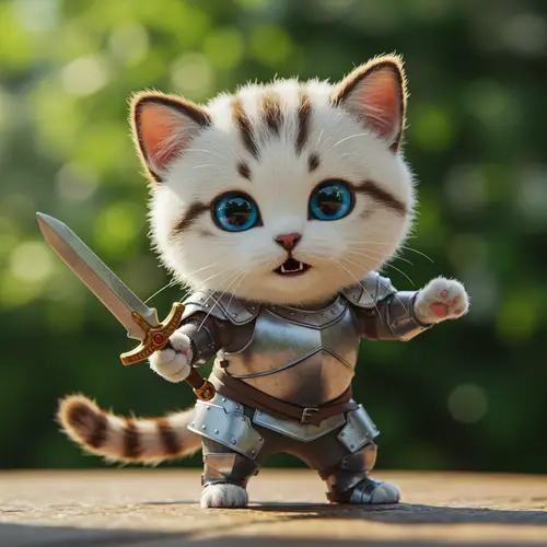 Cute Armored Cat with Sword Ready to Attack