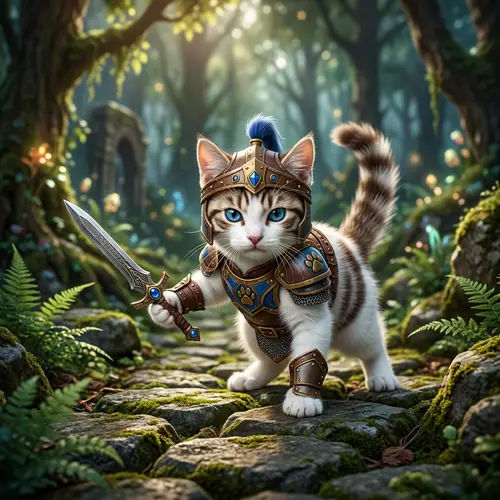 Cute Armored Cat with Sword Ready to Attack