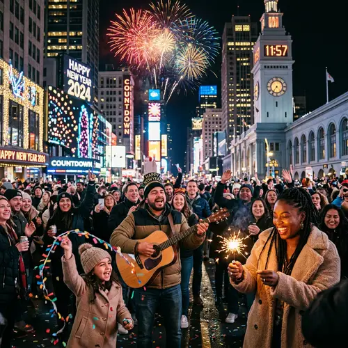 Diverse New Year's Eve Celebration in Vibrant Downtown Scene