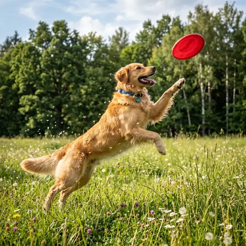 Tranquil Meadow Scene with Energetic Golden Retriever Playing