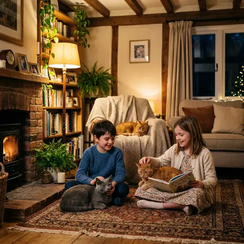 Cozy Living Room with Cats and Kids