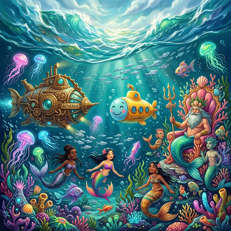 Quirky Underwater Fantasy: Waves, Mermaids, Jellyfish, Neptune, Nautilus, Silver Fish, Yellow Submarine