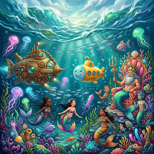 Whimsical Underwater Scene with Mermaids, Neptune, and Submarines