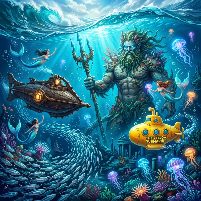 Captivating Underwater World with Mermaids, Jellyfish, and Neptune