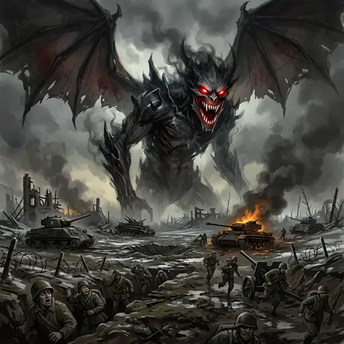 WW2 Demon Concept Art: Spectral Creature Over Battlefield