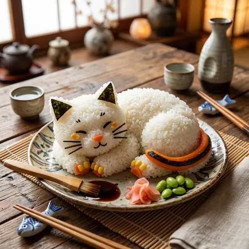 Cat-shaped Rice Illustration: Whimsical Food Art Display