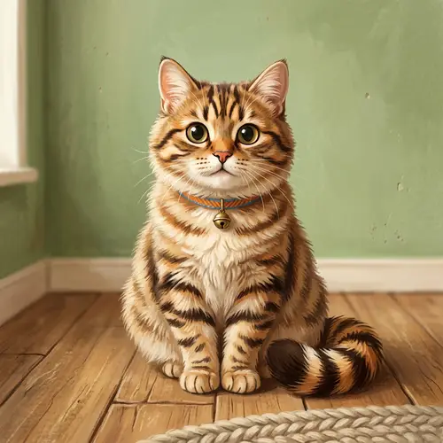 Whimsical Cat Drawing - Fuzzy and Striped Cat Sitting Curiously