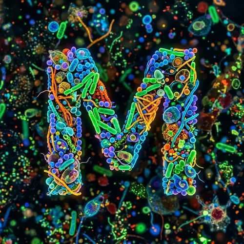 Macro Microscopic 'M' Art: Vibrant Germs Composition
