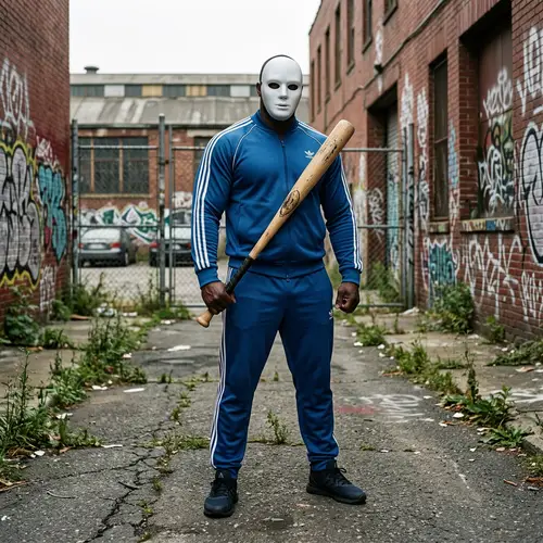 Menacing Figure in Blue Sports Suit with Baseball Bat