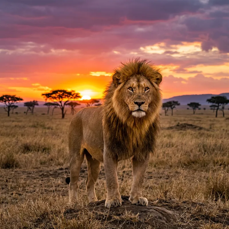 Majestic Lion on African Savannah Majestic Lion on African Savannah