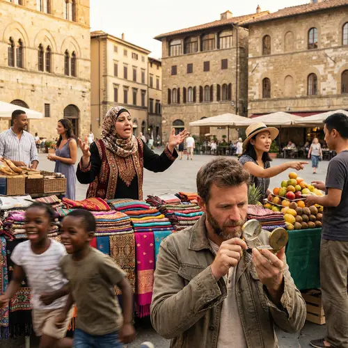 Vibrant Market Scene with Diverse Traders and Customers