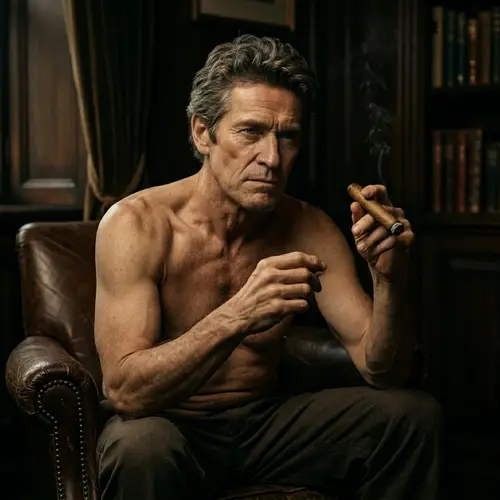 Mysterious Shirtless Man with Intense Gaze and Cigar