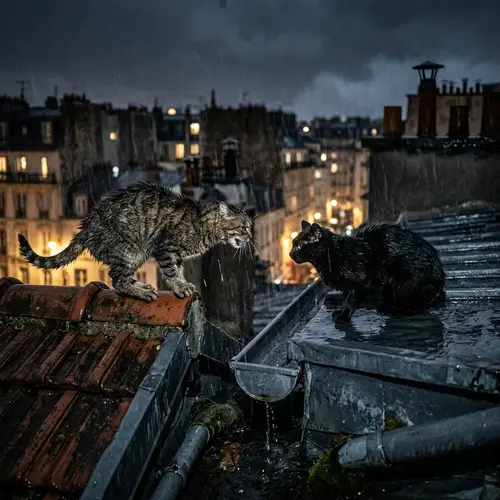 Cat Showdown on a Rooftop in the Rain