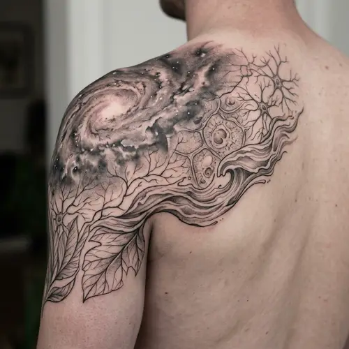 Timeless Black & Grey Shoulder Tattoo Design