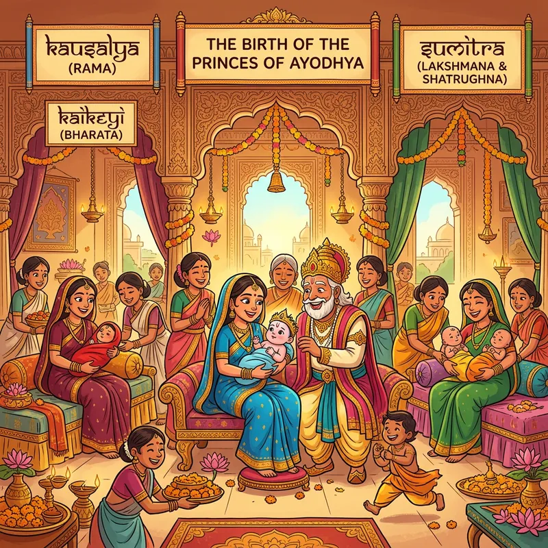 King Dasharatha's Queens in Ramayana - Cartoon Scene